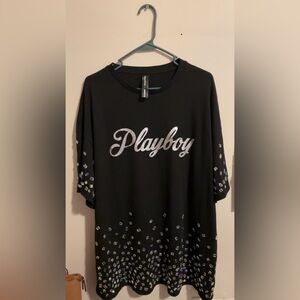 PLAYBOY Black oversized Tee with Silver Script and Embellishments